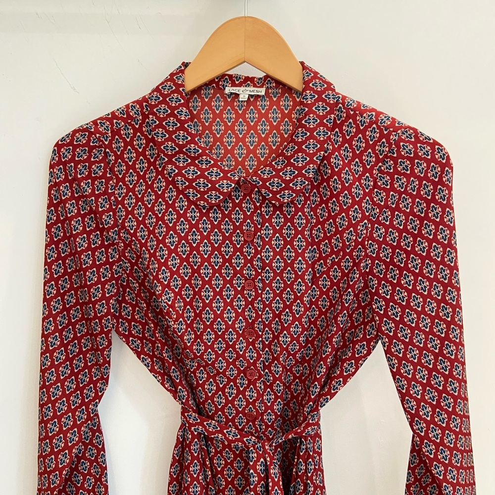 Lace + Mesh, dress, rust and navy print, long sleeve, a-line, S